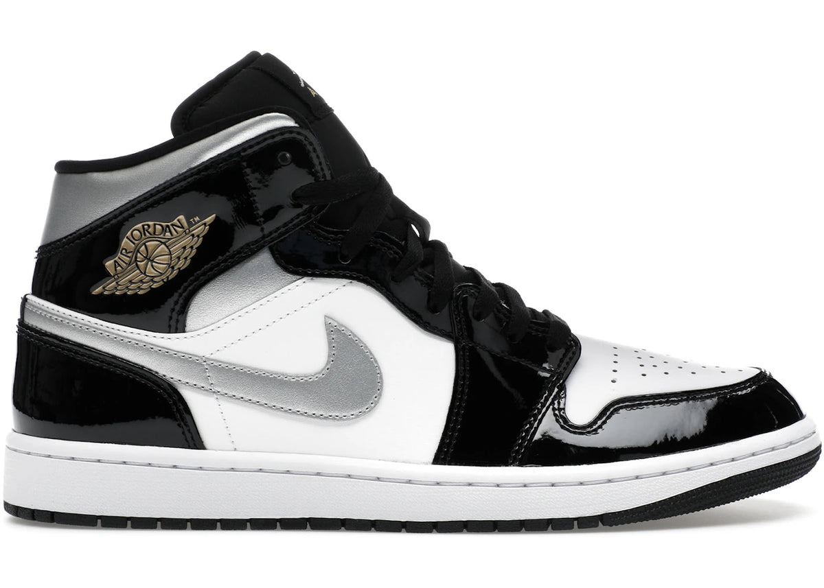 Jordan 1 Mid SE Patent Black White Metallic Silver Metallic Gold